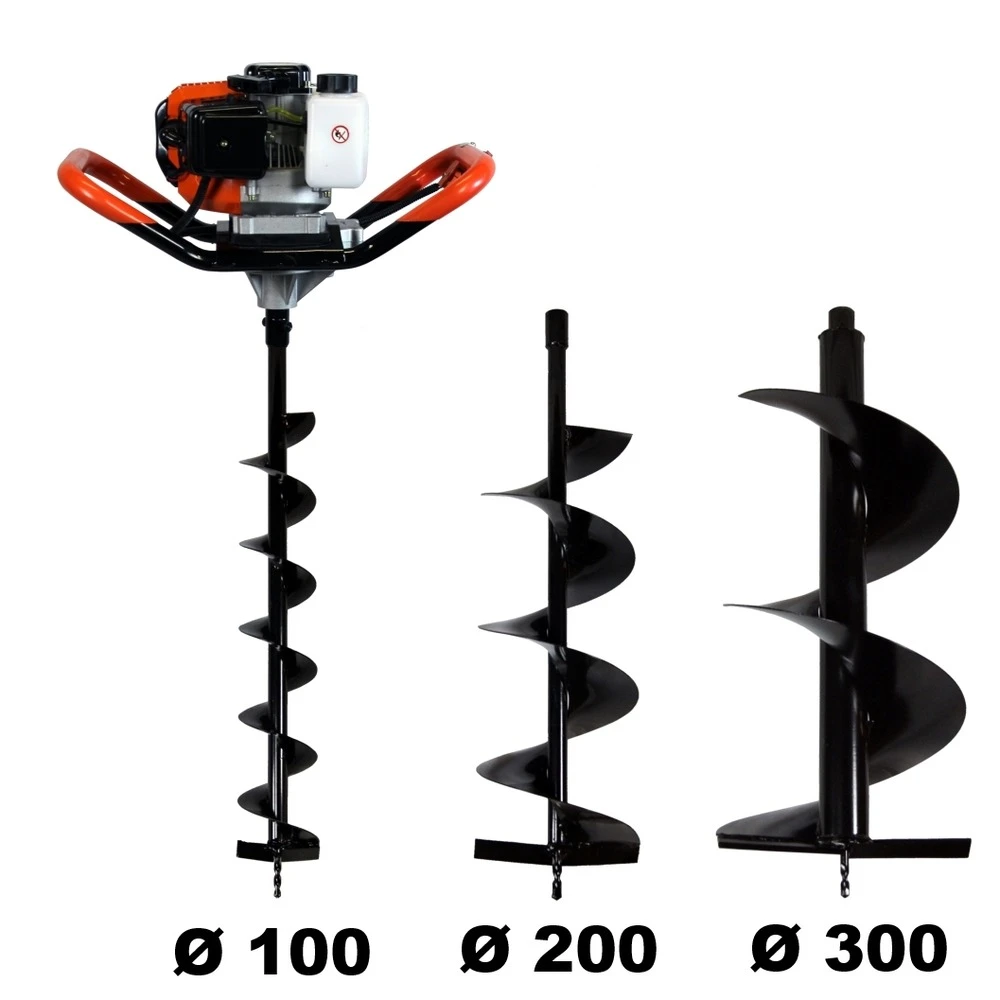 Tarière Thermique 52 Cm3, 3 Cv + Lot De 3 Mèches (100, 200 Et 300 Mm)